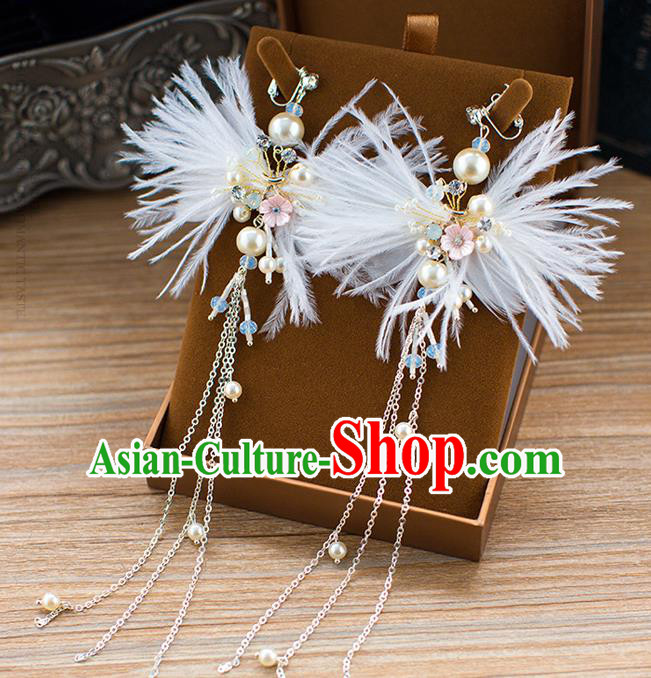 Handmade Classical Wedding Accessories Earrings Baroque Bride White Feather Ear Pendant for Women