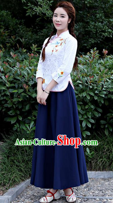 Traditional Republic of China Nobility Lady Costume Embroidered Cheongsam White Blouse and Navy Skirts for Women