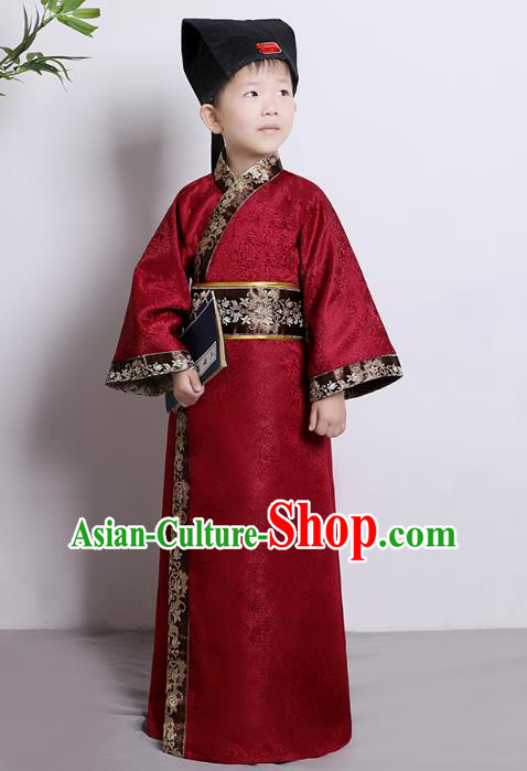 Traditional China Han Dynasty Minister Red Costume, Chinese Ancient Chancellor Hanfu Clothing for Kids