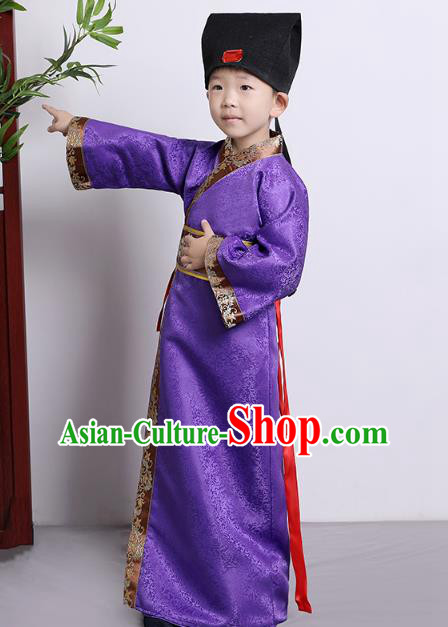 Traditional China Han Dynasty Minister Purple Costume, Chinese Ancient Chancellor Hanfu Clothing for Kids