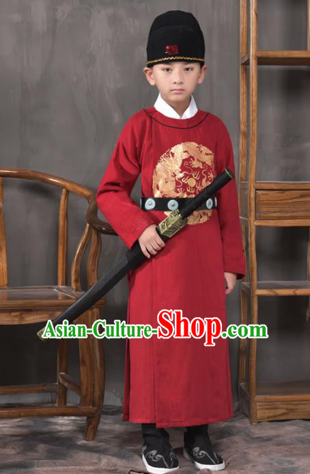 Traditional China Tang Dynasty Imperial Bodyguard Costume, Chinese Ancient Swordsman Red Clothing for Kids