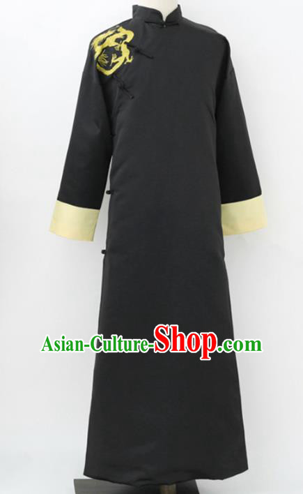 Traditional Republic of China Nobility Childe Costume, Chinese Cross Talke Clothing Black Long Robe for Men