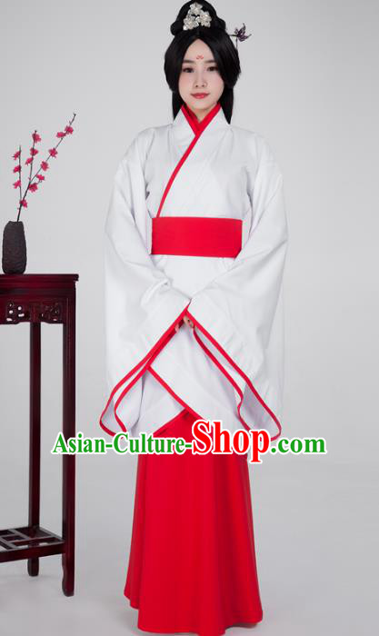 Traditional China Han Dynasty Princess Costume White Curving-front Robe, Chinese Ancient Palace Lady Hanfu Clothing for Women