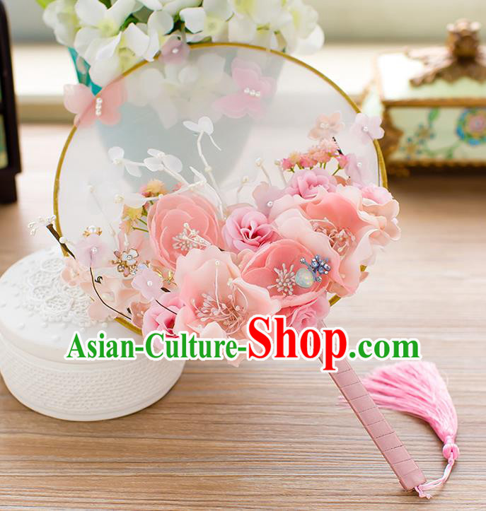 Chinese Handmade Classical Pink Peony Palace Fans Ancient Wedding Round Fans for Women