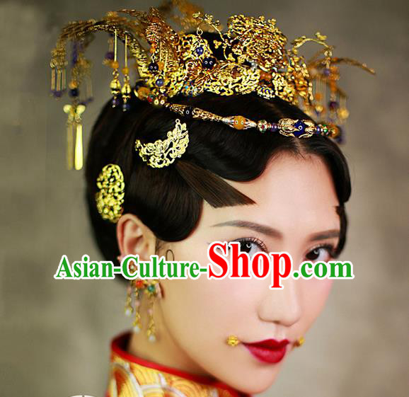 Chinese Handmade Classical Hair Accessories Wedding Bride Tassel Hairpins Phoenix Coronet Complete Set