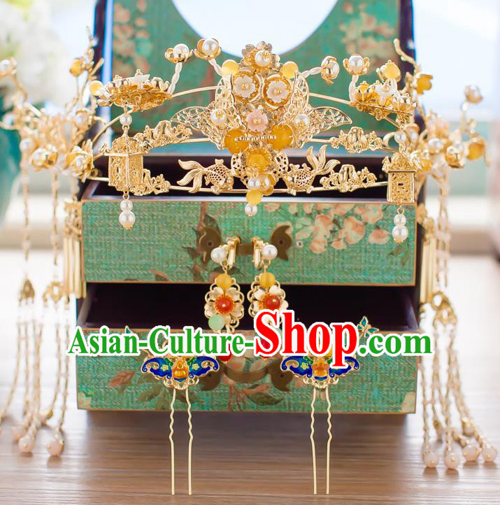 Chinese Handmade Classical Hair Accessories Wedding Golden Phoenix Coronet Hairpins Complete Set