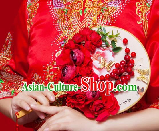 Chinese Handmade Classical Red Peony Palace Fans Ancient Wedding Round Fans for Women