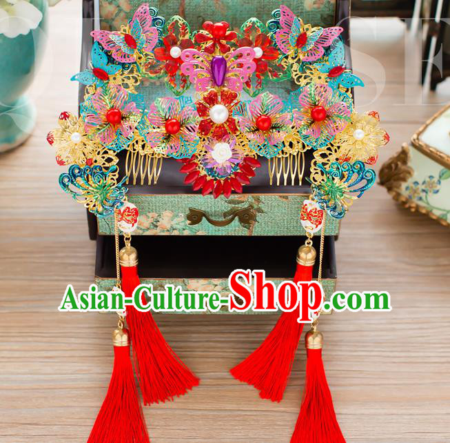 Chinese Handmade Classical Hair Accessories Wedding Hairpins Colorful Butterfly Phoenix Coronet Headwear