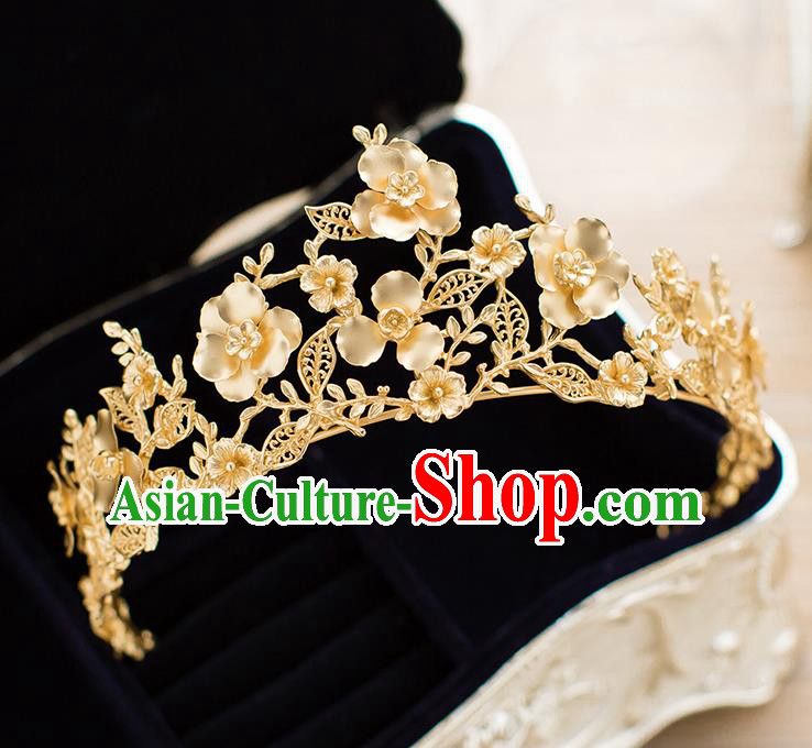 Handmade Classical Hair Accessories Baroque Bride Golden Flowers Royal Crown Headwear for Women