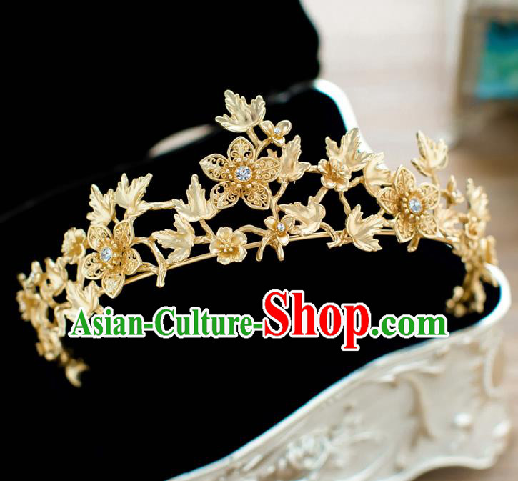 Handmade Classical Hair Accessories Baroque Bride Golden Flowers Royal Crown Headwear for Women