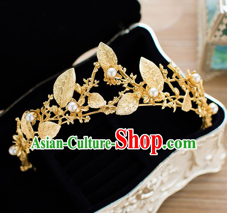 Handmade Classical Hair Accessories Baroque Bride Golden Leaf Pearls Royal Crown Headwear for Women