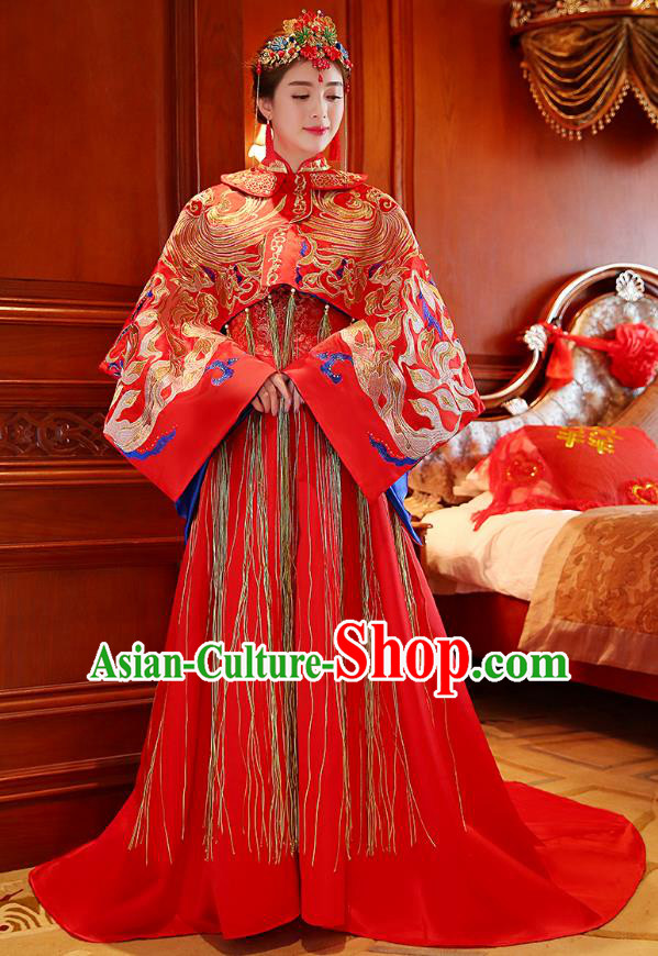 Traditional Ancient Chinese Wedding Costume, China Style Xiuhe Suits Bride Toast Red Embroidered Clothing for Women