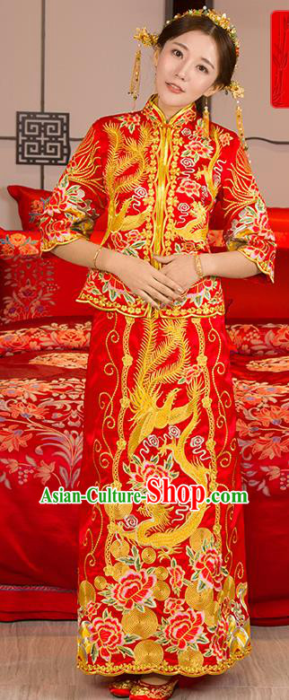 Traditional Ancient Chinese Wedding Costume, China Style Xiuhe Suits Bride Toast Red Embroidered Clothing for Women