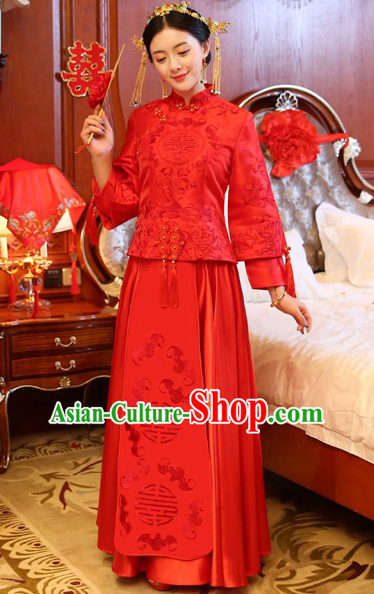 Traditional Ancient Chinese Wedding Costume, China Style Xiuhe Suits Bride Red Dress Embroidered Clothing for Women