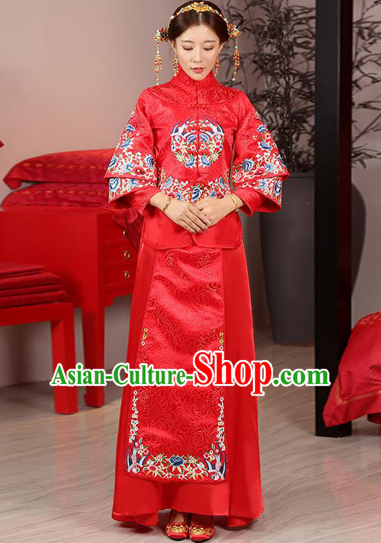 Traditional Ancient Chinese Wedding Costume, China Style Xiuhe Suits Bride Toast Cheongsam Embroidered Clothing for Women