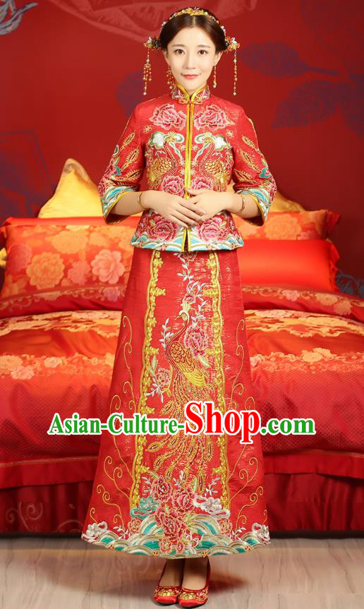 Traditional Ancient Chinese Wedding Costume, China Xiuhe Suits Bride Slim Embroidered Toast Cheongsam Clothing for Women