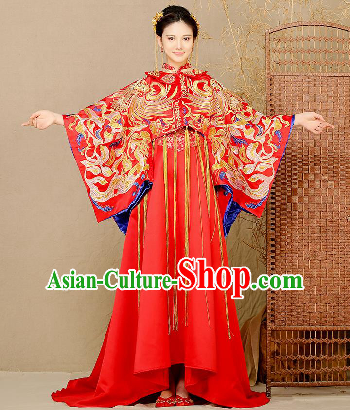 Traditional Chinese Wedding Costume Ancient Bride Embroidered Phoenix Xiuhe Suits Trailing Dress for Women