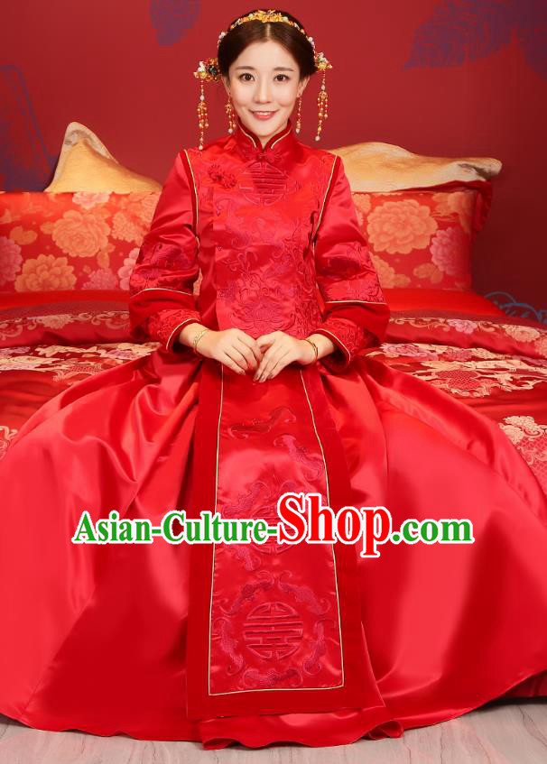 Traditional Chinese Wedding Costume Ancient Bride Red Clothing Embroidered Xiuhe Suits for Women