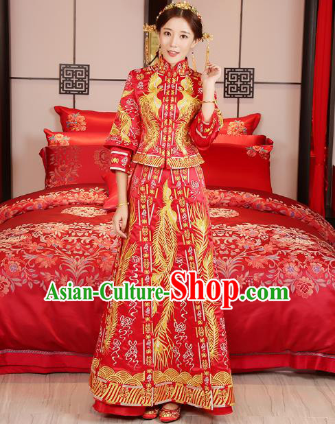 Traditional Chinese Wedding Costume Xiuhe Suit Ancient Bride Embroidered Phoenix Cheongsam for Women
