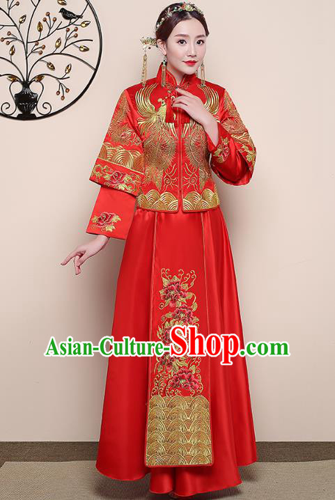 Traditional Chinese Wedding Costume Ancient Bride Embroidered Phoenix Red Xiuhe Suit Clothing for Women