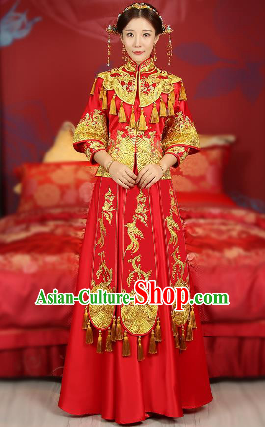 Traditional Chinese Wedding Costume Ancient Bride Embroidered Red Xiuhe Suits Dress for Women