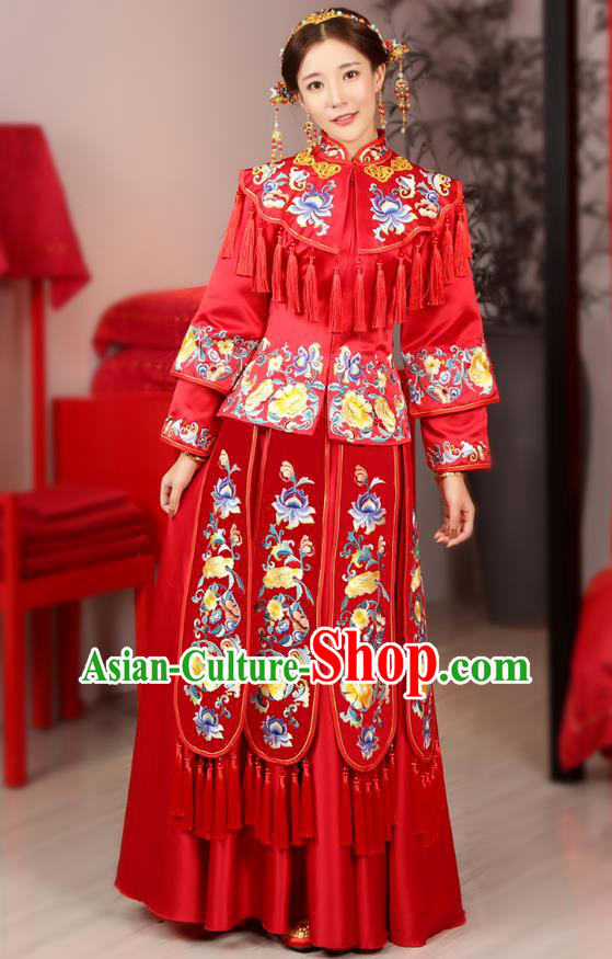 Traditional Chinese Wedding Costume Ancient Bride Embroidered Peony Red Xiuhe Suits Dress for Women