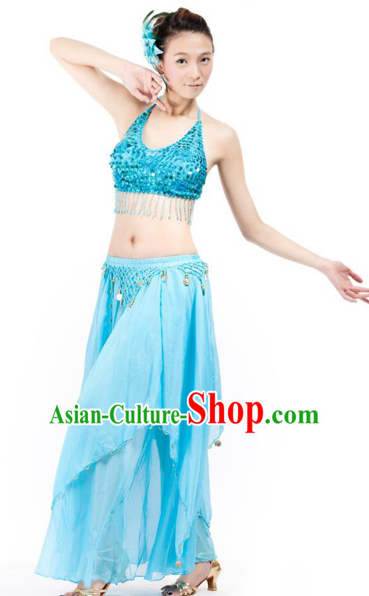 Indian Bollywood Belly Dance Blue Tassel Dress Clothing Asian India Oriental Dance Costume for Women