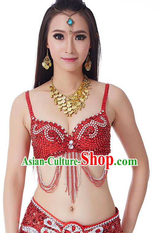 Indian Bollywood Belly Dance Red Tassel Brassiere Asian India Oriental Dance Costume for Women