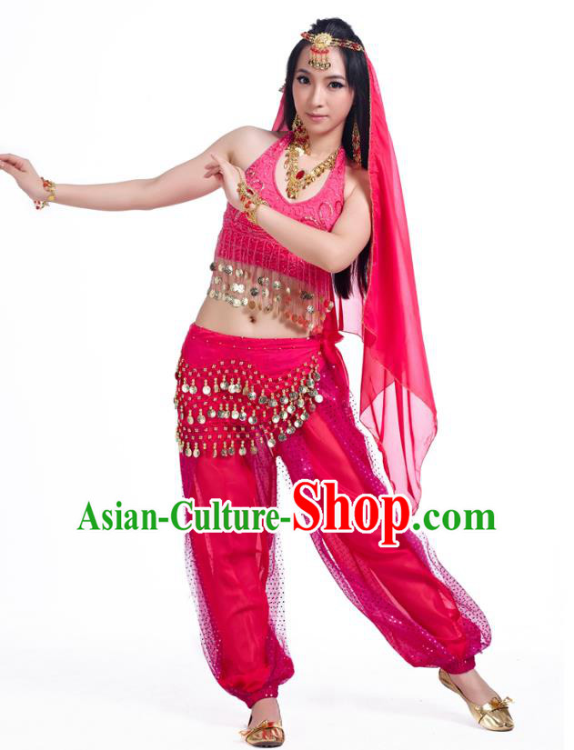 Traditional Indian Belly Dance Sequined Rosy Dress Asian India Oriental Dance Costume for Women