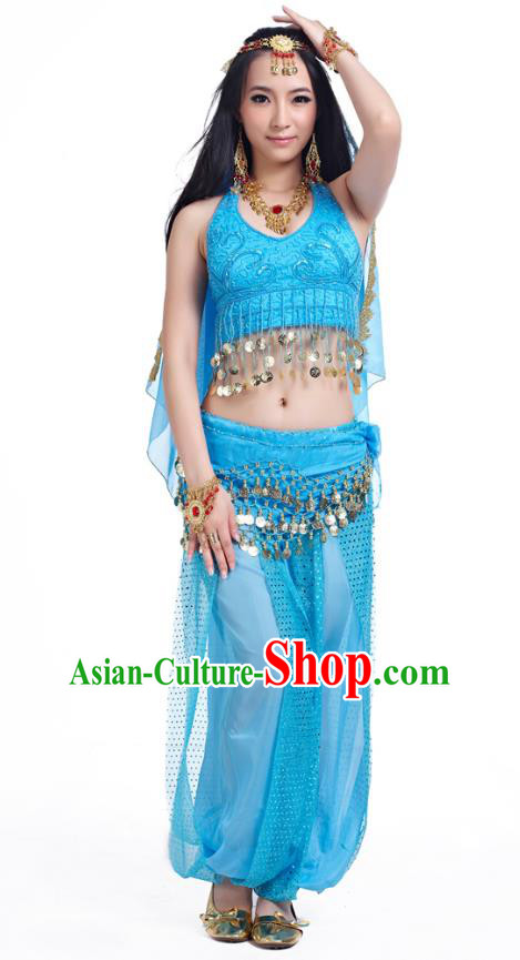 Traditional Indian Belly Dance Sequined Blue Dress Asian India Oriental Dance Costume for Women