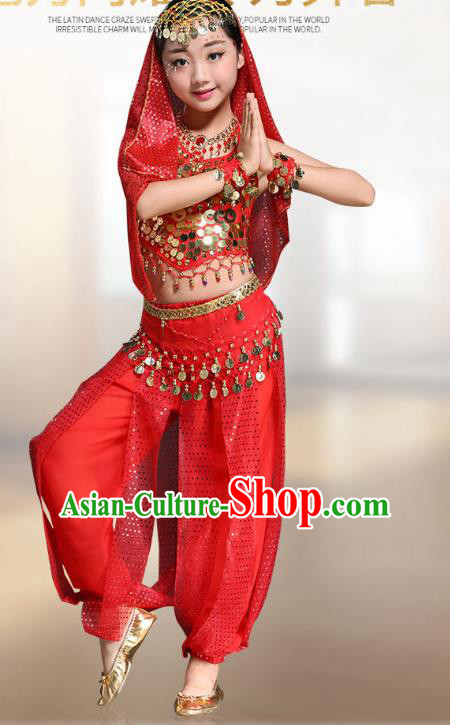Traditional Indian National Belly Dance Red Clothing India Oriental Dance Costume for Kids