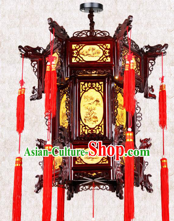 Chinese Classical Handmade Wood Palace Lanterns Traditional Hanging Lantern Ancient Painted Pineburst Ceiling Lamp