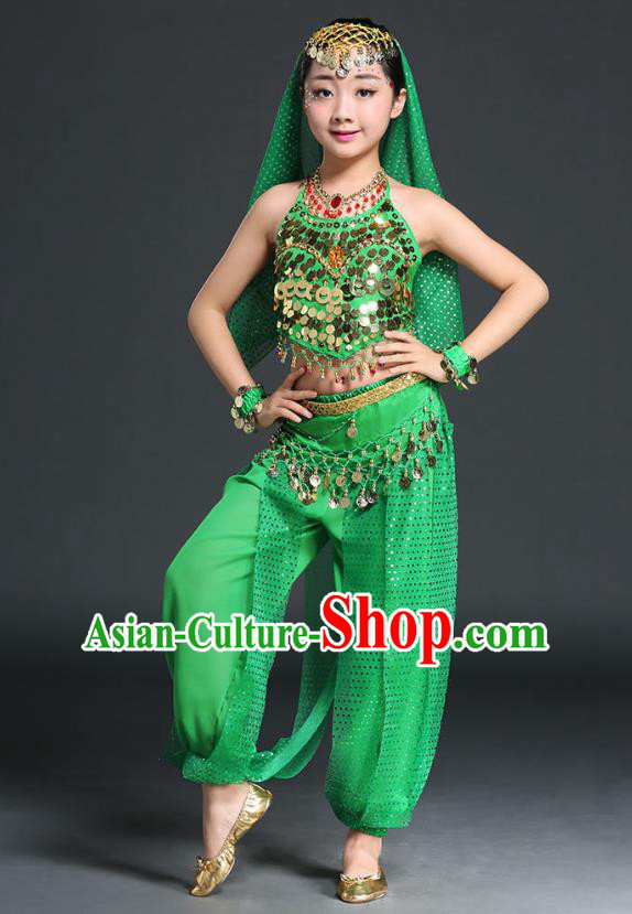 Traditional Indian National Belly Dance Green Clothing India Oriental Dance Costume for Kids