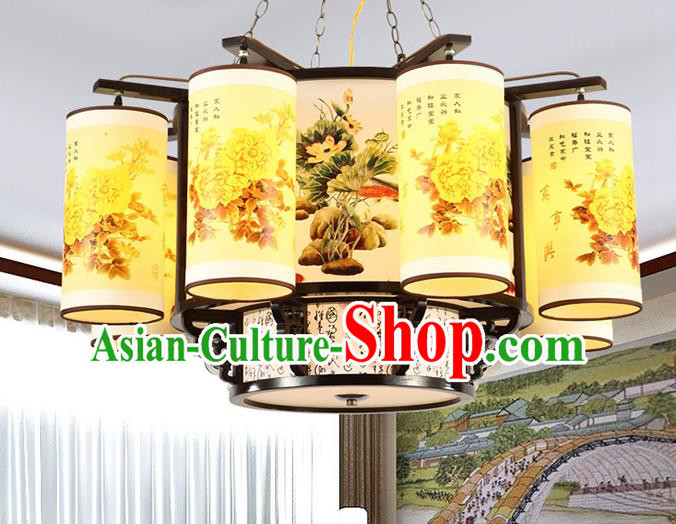 Traditional Chinese Printing Peony Eight-lights Ceiling Palace Lanterns Handmade Wood Lantern Ancient Lamp