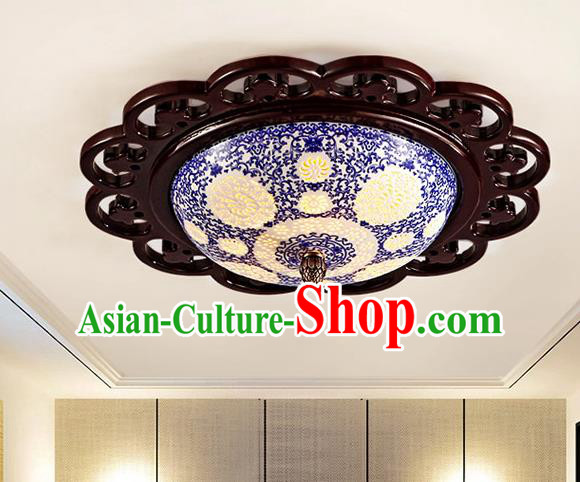Traditional Chinese Ceiling Palace Lanterns Handmade Pierced Blue Porcelain Lantern Ancient Lamp