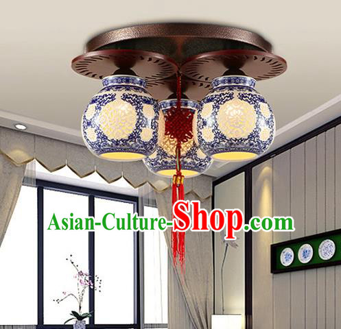 Traditional Chinese Ceiling Palace Lanterns Handmade Pierced Blue Porcelain Lantern Ancient Three-Lights Lamp