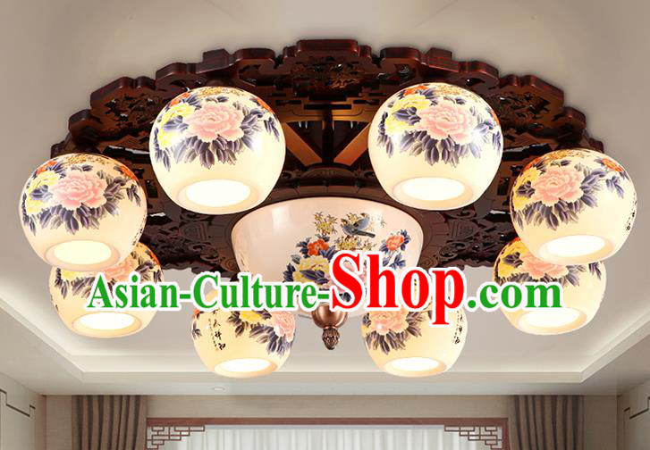 Traditional Chinese Painting Peony Ceiling Palace Lanterns Handmade Eight-Lights Porcelain Lantern Ancient Lamp