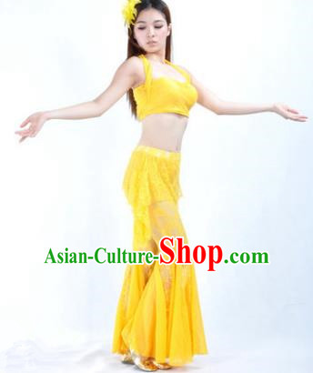 Indian National Belly Dance Yellow Lace Suits Bollywood Oriental Dance Costume for Women