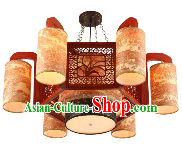 Traditional Chinese Wood Orchid Palace Lanterns Handmade Six-Lights Lantern Ancient Ceiling Lamp