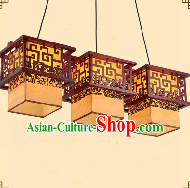 Traditional Chinese Three-Lights Palace Lanterns Handmade Wood Hanging Lantern Ancient Ceiling Lamp