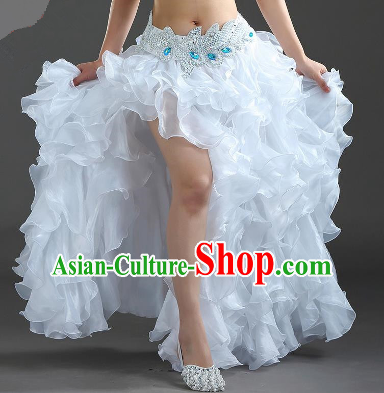 Traditional Indian National Belly Dance White Bubble Split Skirt India Bollywood Oriental Dance Costume for Women