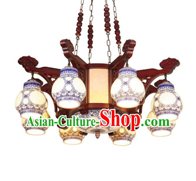Traditional Chinese Eight-Lights Ceiling Wood Palace Lanterns Handmade Porcelain Lantern Ancient Lamp