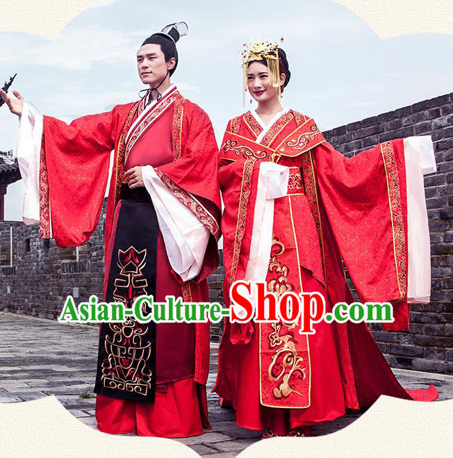 Ancient Chinese Tang Dynasty Wedding Costume Palace Bride and Bridegroom Embroidered Clothing Complete Set