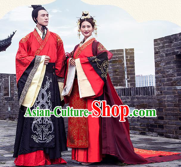 Chinese Ancient Han Dynasty Emperor and Empress Embroidered Wedding Costume Complete Set