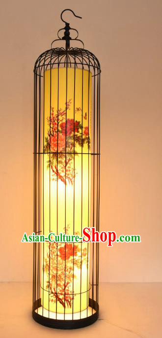 Traditional Asian China Painting Peony Lanterns Handmade Birdcage Lantern Ancient Floor Lamp