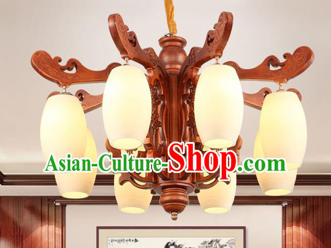 Traditional Chinese Wood Ceiling Lanterns Ancient Handmade Eight-Lights Lantern Ancient Marble Lamp