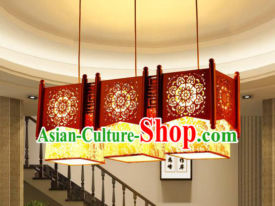 Traditional Chinese Wood Carving Three-Lights Hanging Lanterns Handmade Palace Ceiling Lantern Ancient Lamp