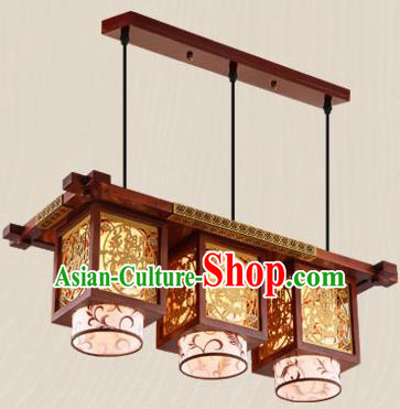 Traditional Chinese Wood Carving Ceiling Lanterns Handmade Three-Lights Hanging Lantern Ancient Lamp