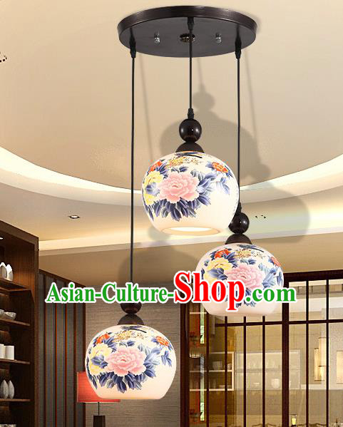 Traditional Chinese Handmade Ceramics Hanging Lantern Asian Painting Peony Ceiling Lanterns Ancient Lantern