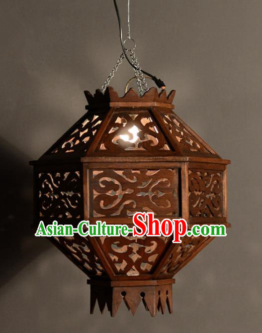 Handmade Traditional Thailand Wood Carving Hanging Lantern Asian Ceiling Lanterns Religion Lantern